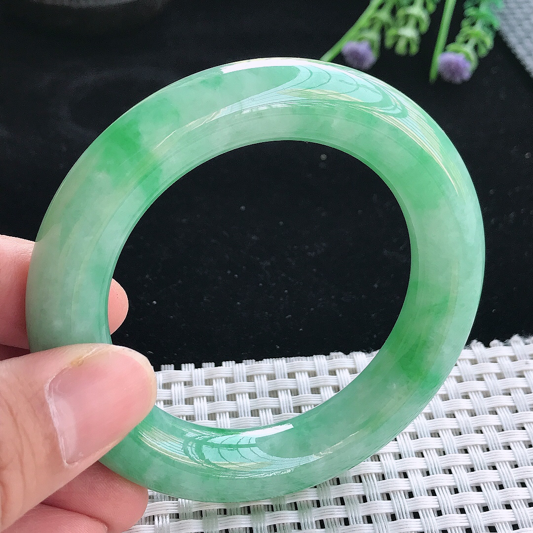 实拍天然翡翠52/12.2/12.3老坑温润满绿胖圆条手镯翡翠玉镯手环