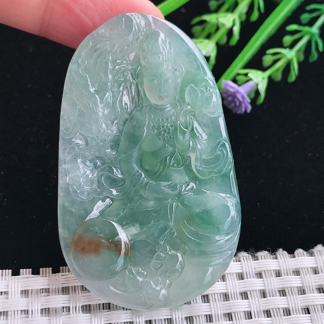 实拍A货翡翠60/37.8/6老坑冰透果冻胶冰晴普贤菩萨吊坠翡翠挂件