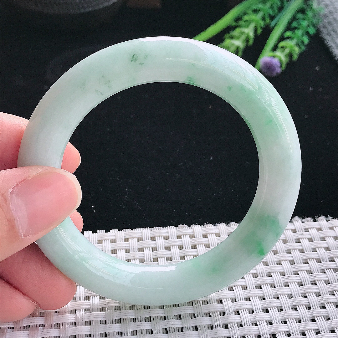 实拍天然翡翠53/11.2/11老坑秀气温润飘花圆条手镯翡翠玉镯手环