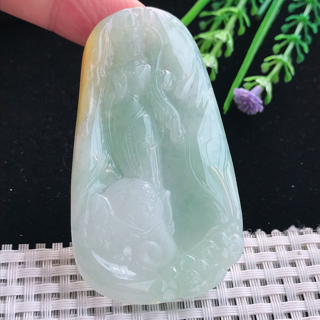 实拍A货翡翠68.6/40/5.8老坑冰润冰晴底普贤菩萨吊坠翡翠挂件