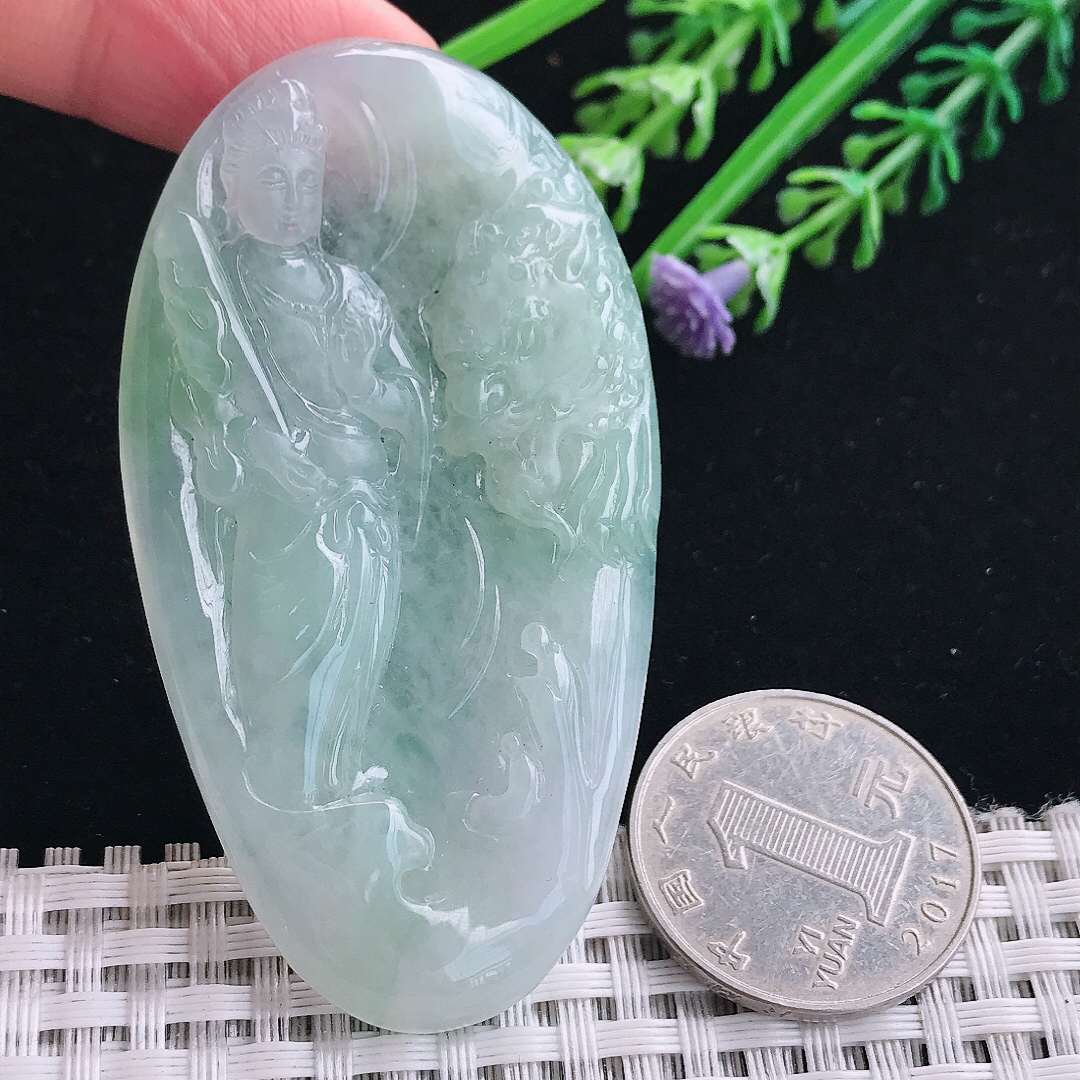 实拍A货翡翠66.5/37/5.5老坑冰润起胶冰晴文殊菩萨吊坠翡翠挂件