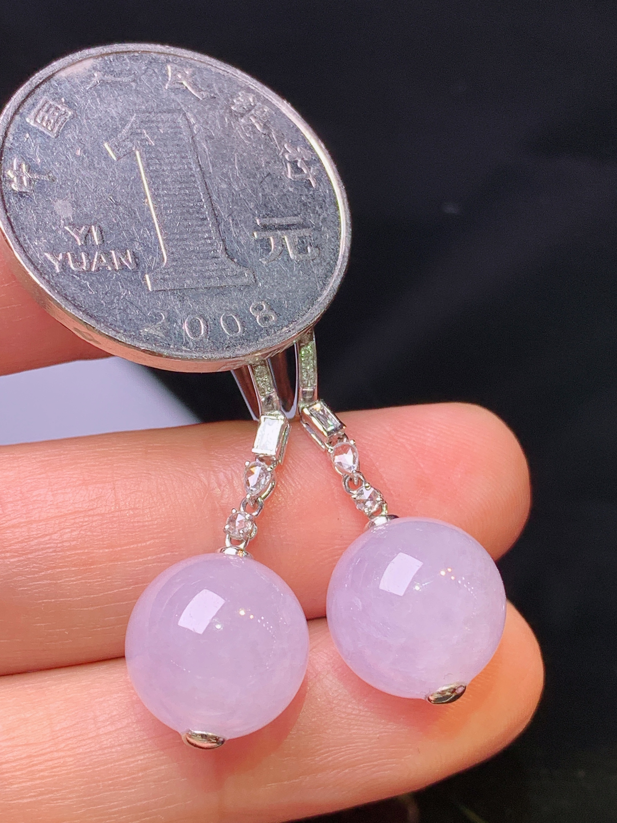 18k金钻镶嵌紫罗兰圆珠耳坠 玉质细腻 色泽艳丽清新 水润亮眼 整体尺寸32.8*11.5f2