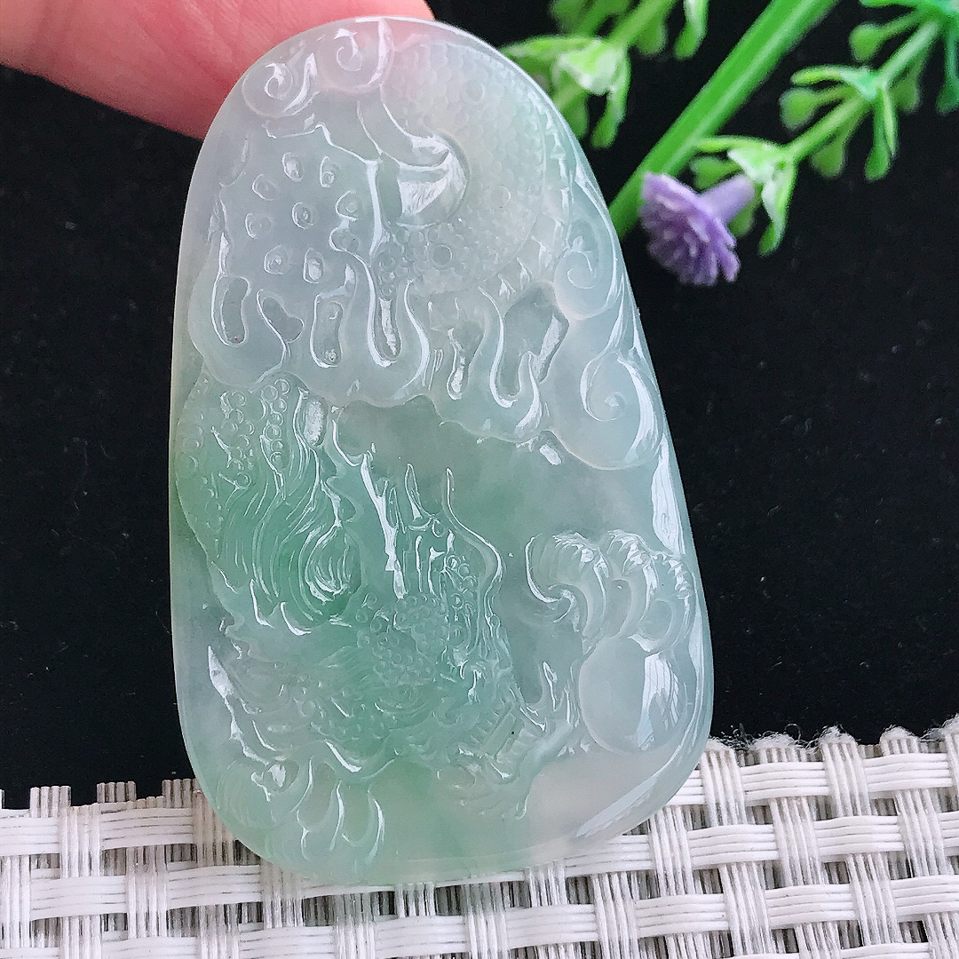 实拍A货翡翠54.6/34/4.8老坑冰胶果冻冰晴龙牌吊坠翡翠挂件