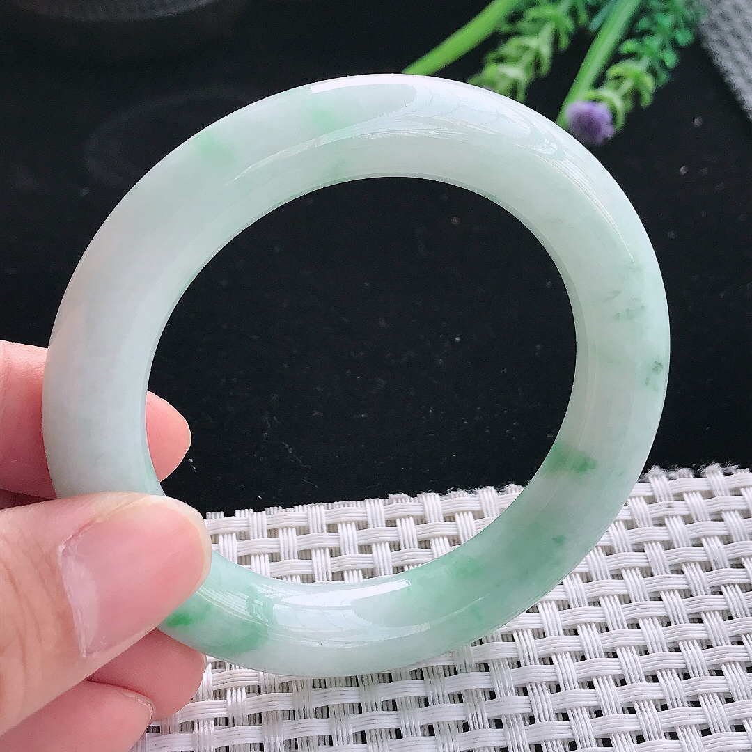 实拍天然翡翠53/11.2/11老坑秀气温润飘花圆条手镯翡翠玉镯手环