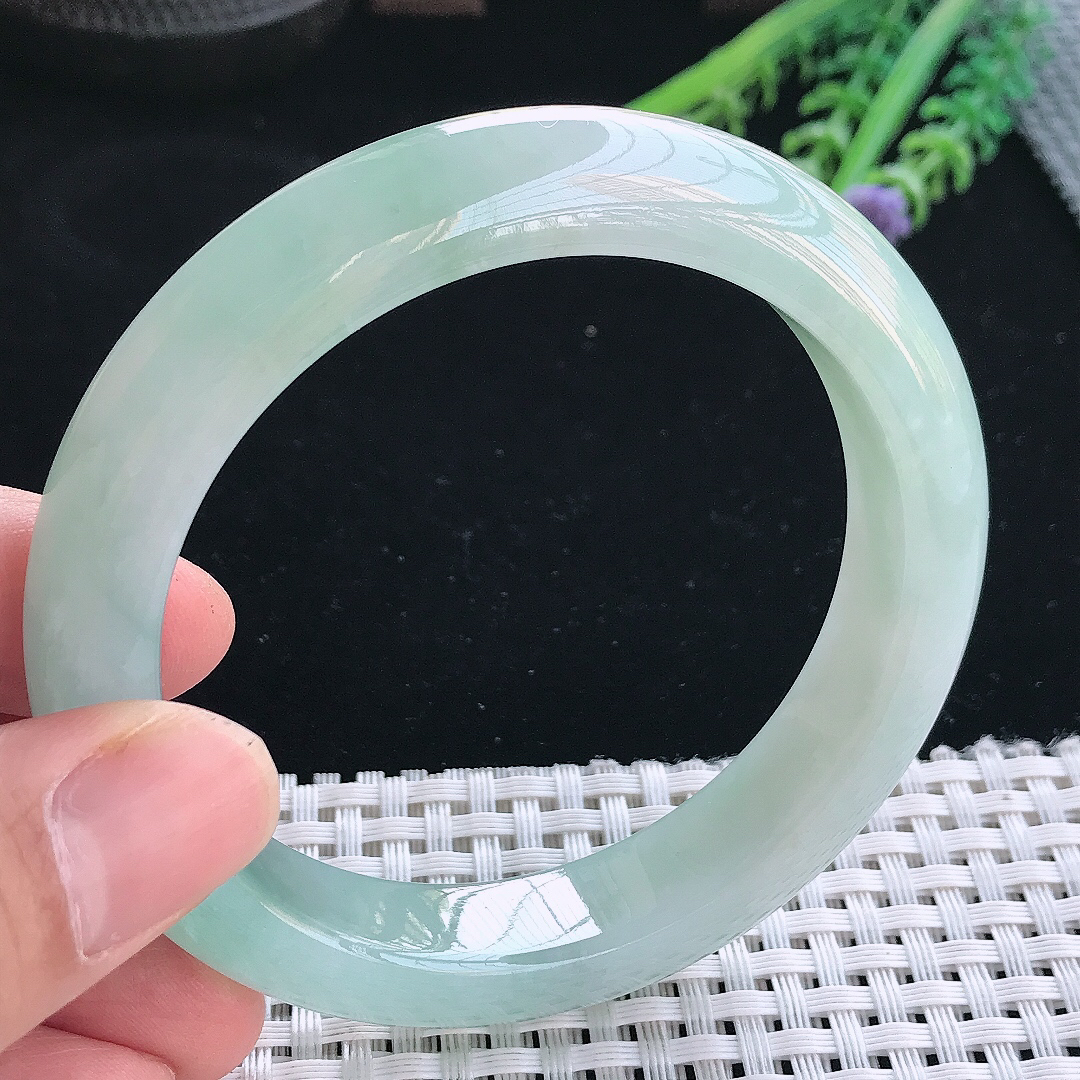 实拍天然翡翠58.5/12.7/9.3老坑冰胶冰晴绿手镯翡翠玉镯手环