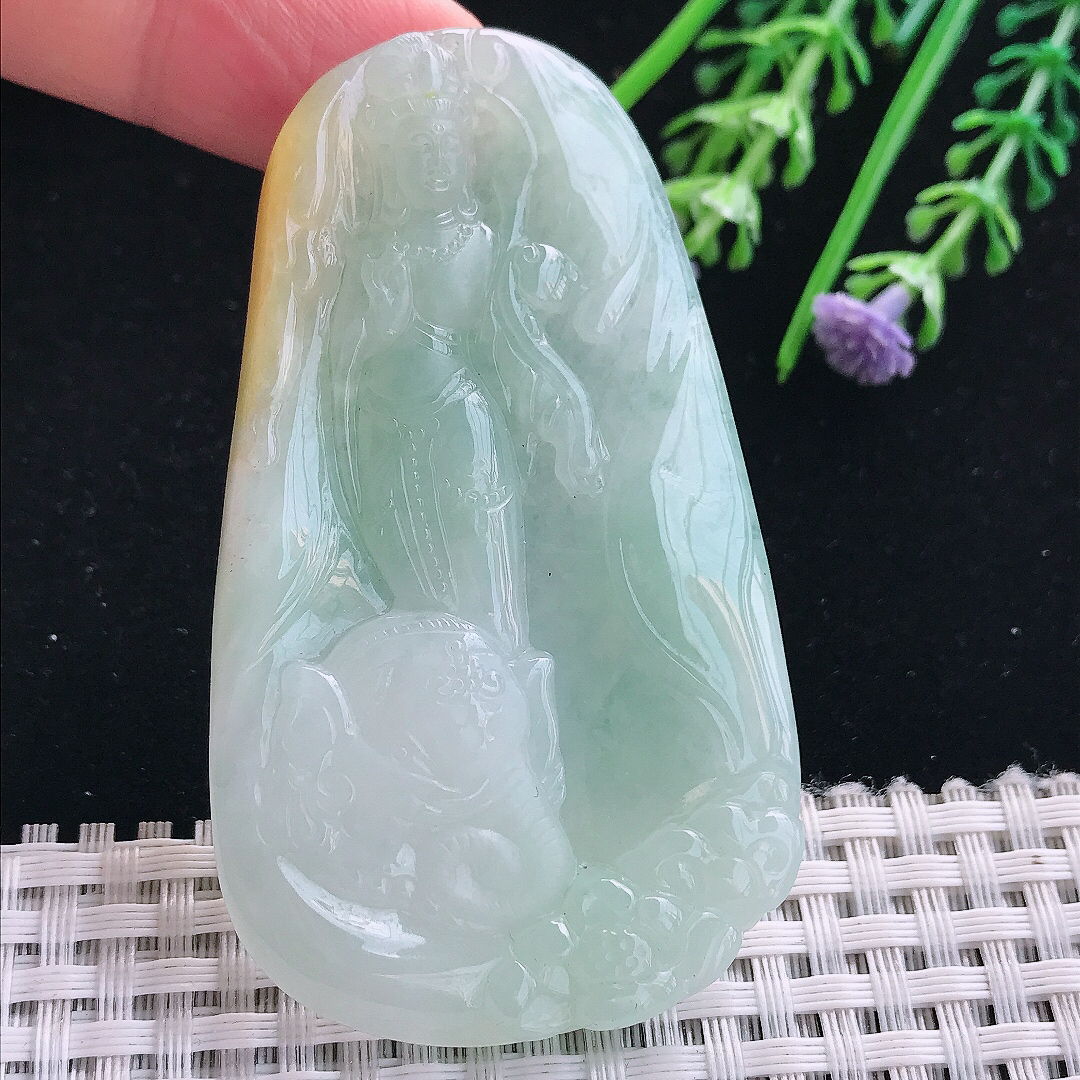 实拍A货翡翠68.6/40/5.8老坑冰润冰晴底普贤菩萨吊坠翡翠挂件