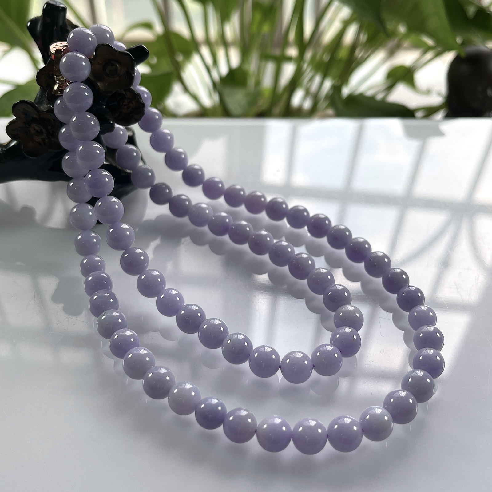 缅甸天然翡翠A货，卡8冰润紫罗兰圆珠项链手链，尺寸：8mm/78颗，长度640mm，重量：72.00
