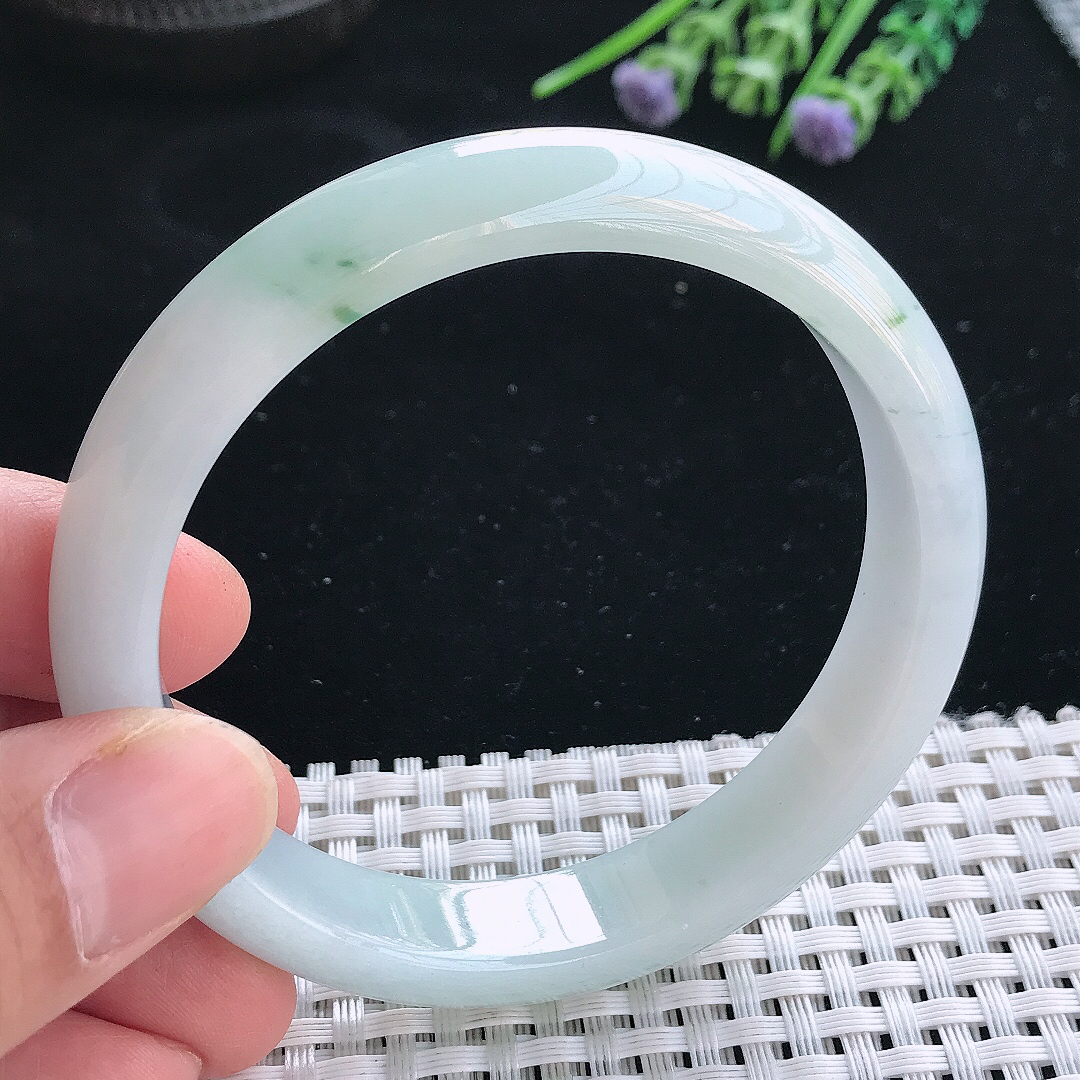 实拍天然翡翠58.5/12.3/7.5老坑精美温润飘花手镯翡翠玉镯手环