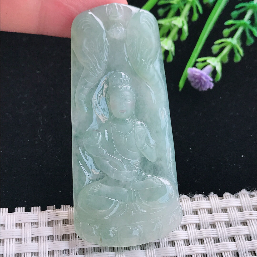 实拍A货翡翠65/29.6/5老坑冰胶冰晴普贤菩萨吊坠翡翠挂件
