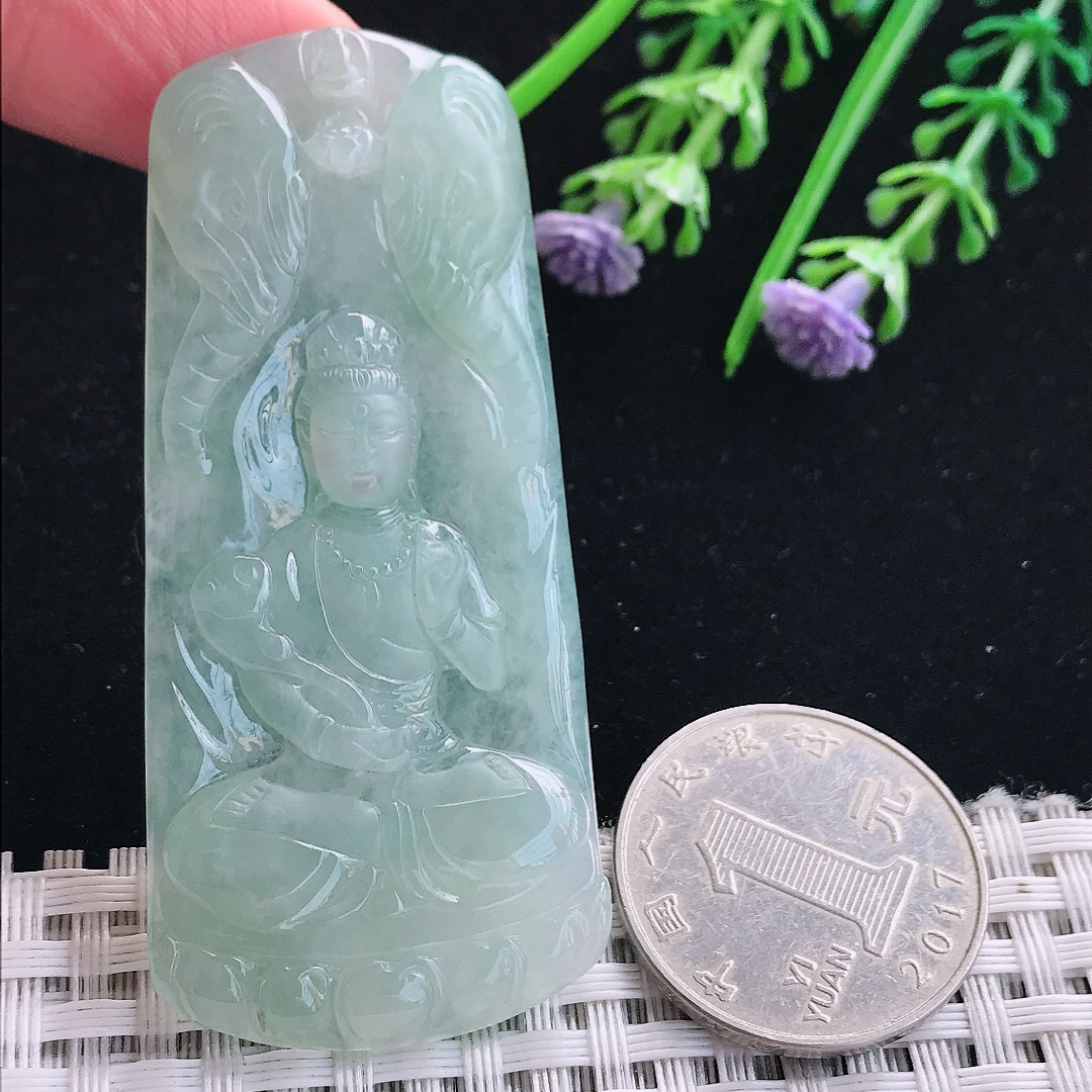 实拍A货翡翠65/29.6/5老坑冰胶冰晴普贤菩萨吊坠翡翠挂件