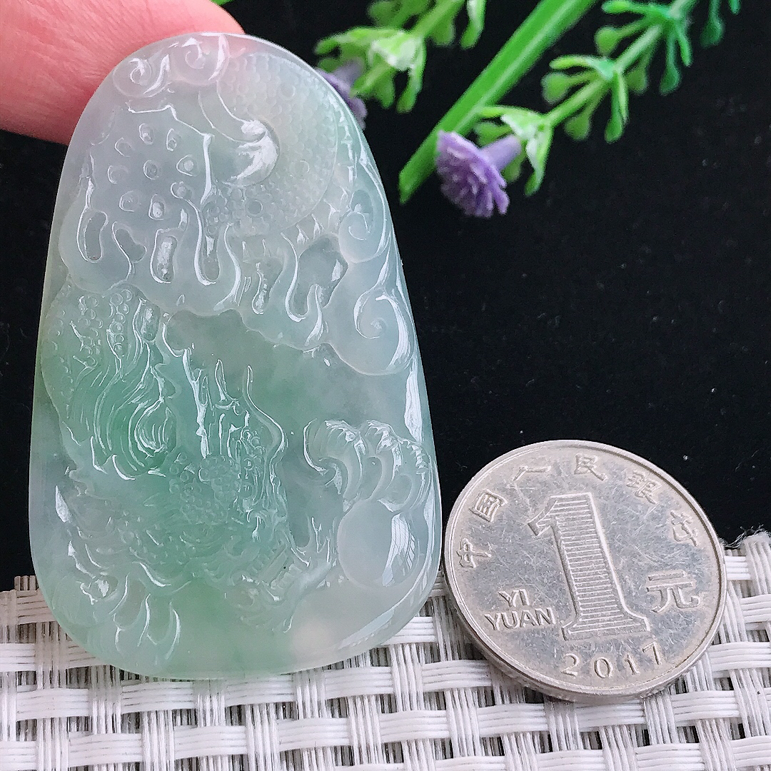 实拍A货翡翠54.6/34/4.8老坑冰胶果冻冰晴龙牌吊坠翡翠挂件