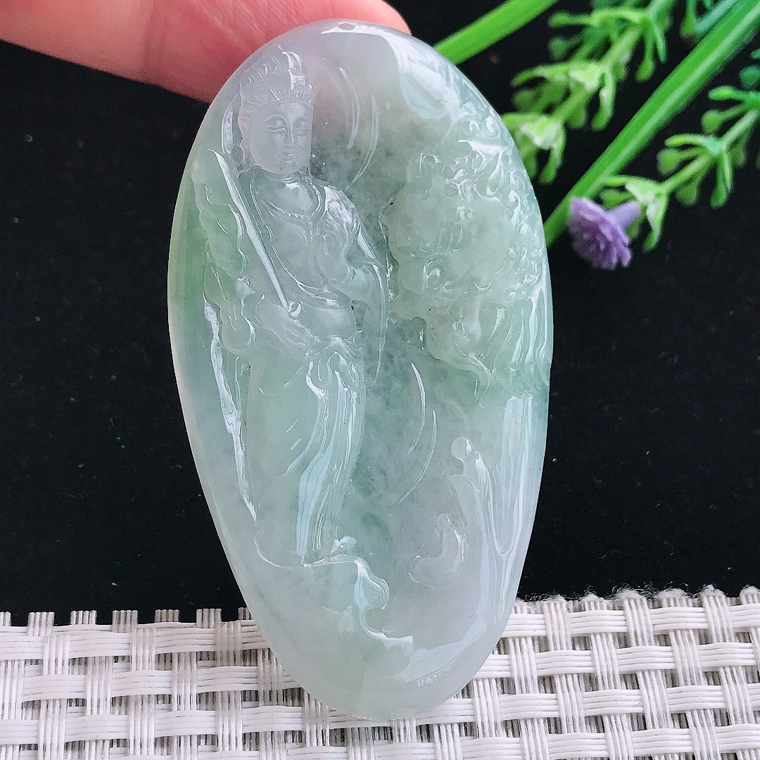 实拍A货翡翠66.5/37/5.5老坑冰润起胶冰晴文殊菩萨吊坠翡翠挂件