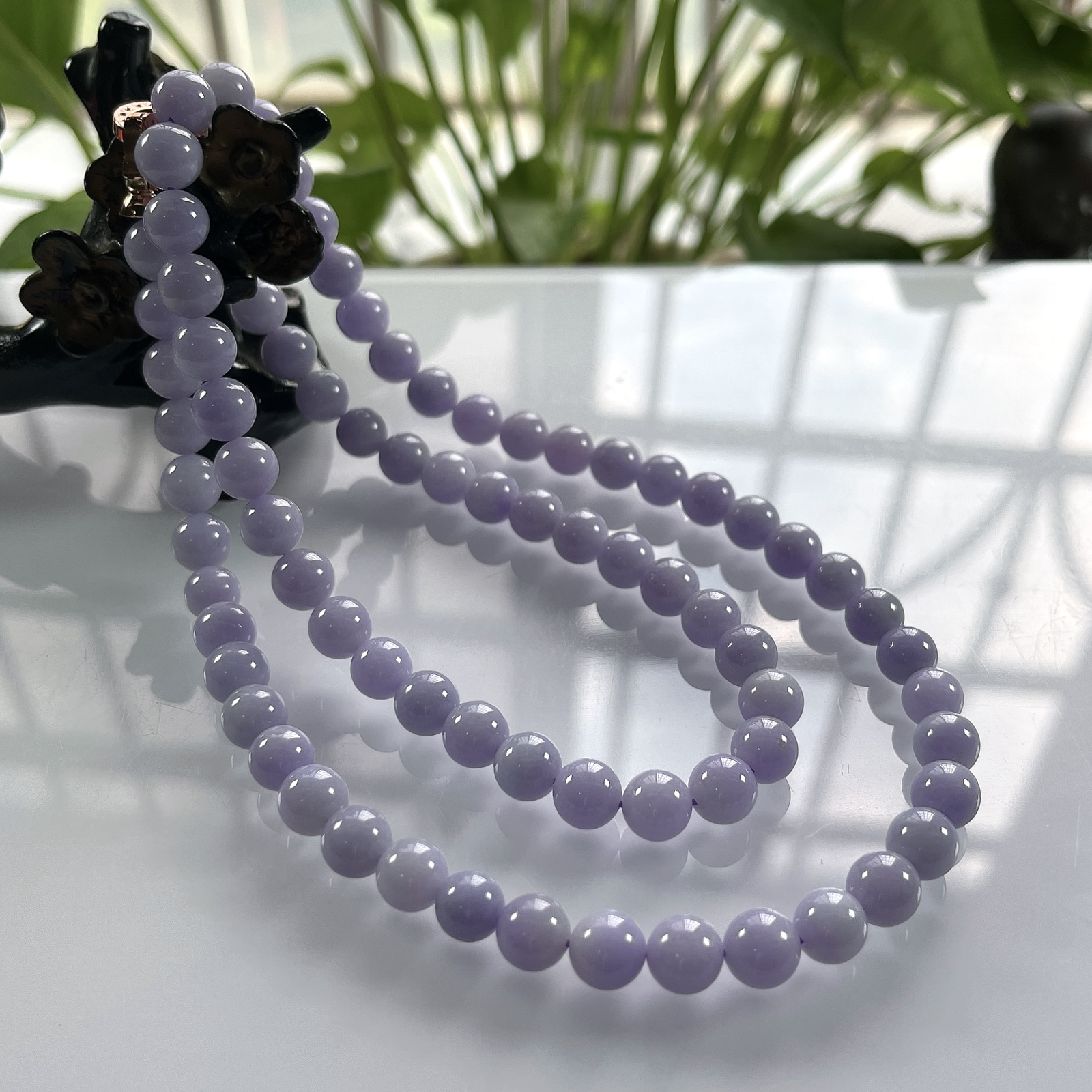 缅甸天然翡翠A货，卡8冰润紫罗兰圆珠项链手链，尺寸：8mm/78颗，长度640mm，重量：72.00g