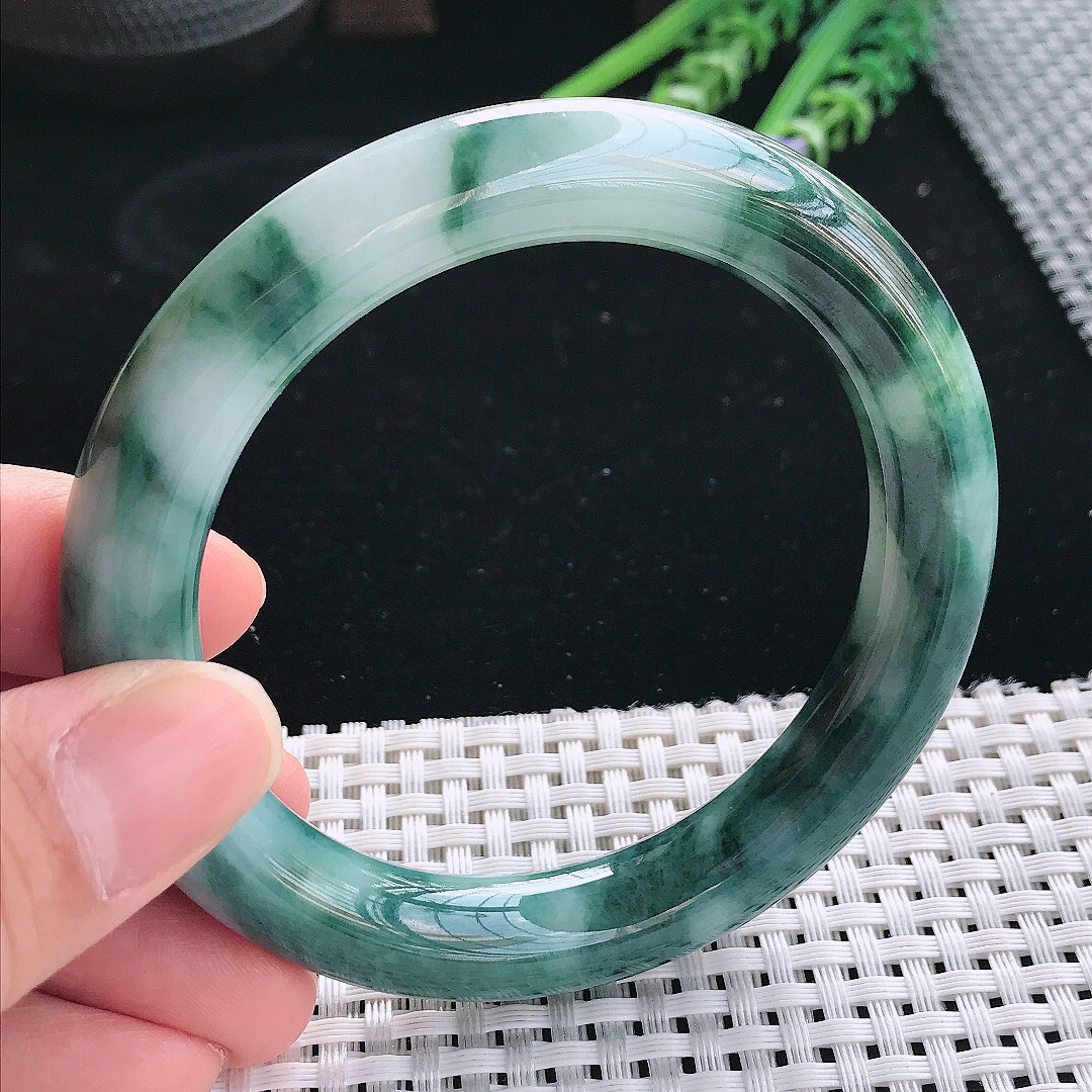 实拍天然翡翠59/11/10.8老坑精美温润飘花圆条手镯翡翠玉镯手环