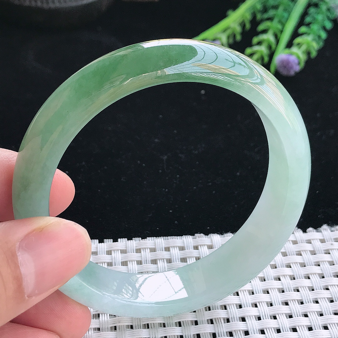 实拍天然翡翠56/13.6/7.8老坑冰胶果冻半山半水油绿手镯翡翠玉镯手环