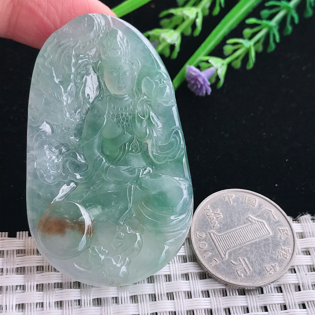 实拍A货翡翠60/37.8/6老坑冰透果冻胶冰晴普贤菩萨吊坠翡翠挂件