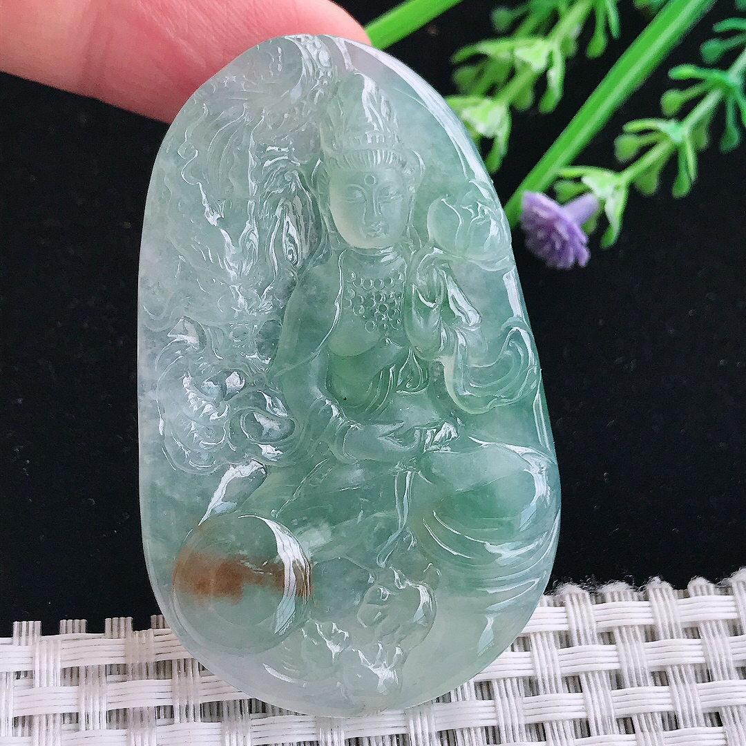 实拍A货翡翠60/37.8/6老坑冰透果冻胶冰晴普贤菩萨吊坠翡翠挂件