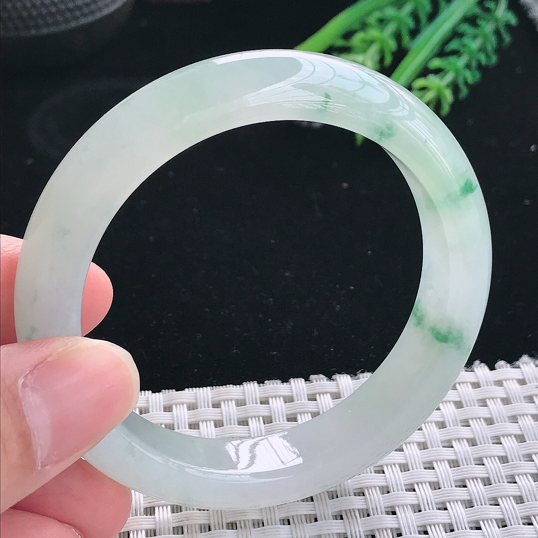 实拍天然翡翠54.5/12.1/8.5老坑冰透冰飘花手镯翡翠玉镯手环