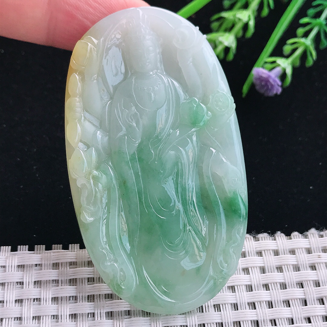 实拍A货翡翠70/40.5/5.8老坑冰润起胶飘绿千手观音吊坠翡翠挂件