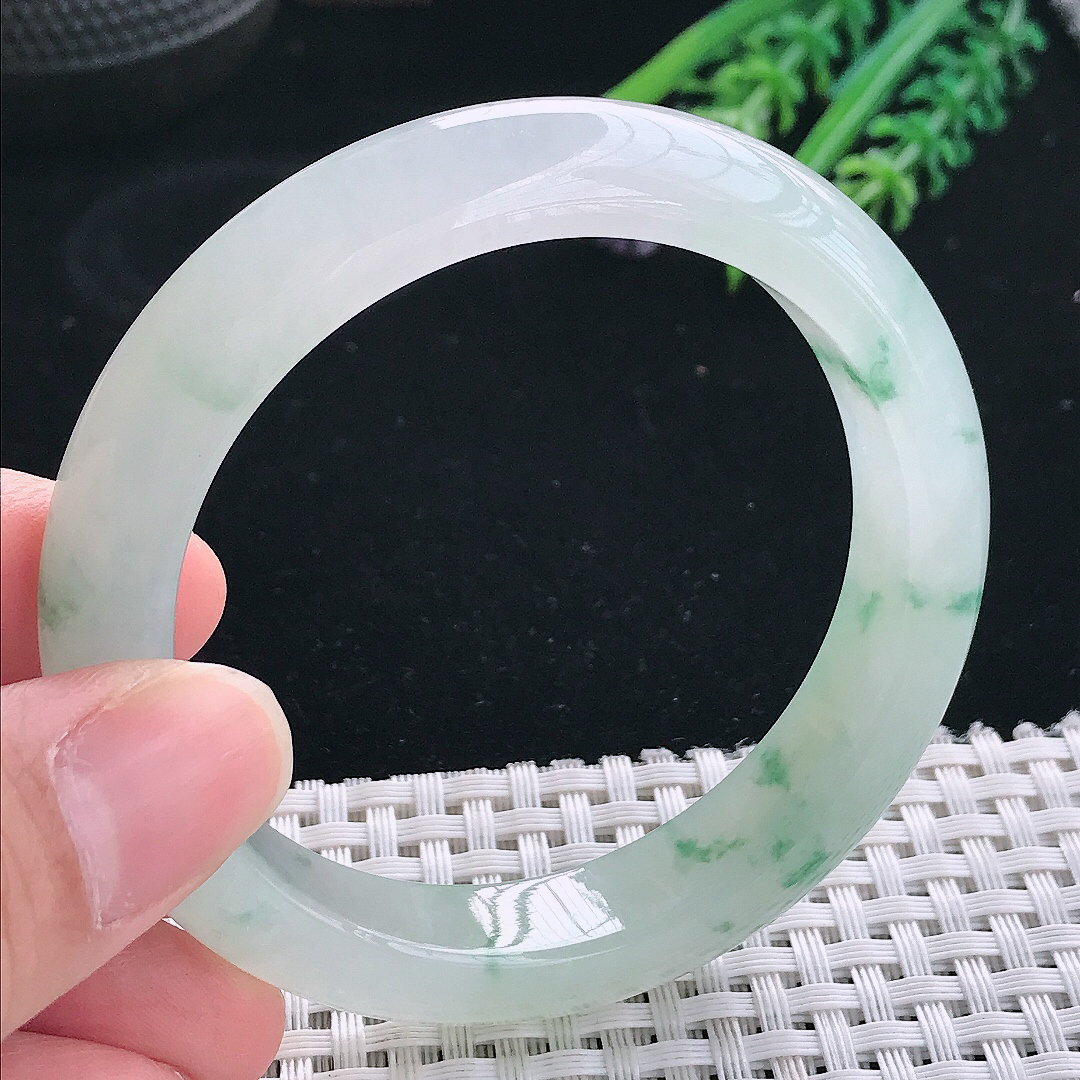 实拍天然翡翠54.5/12.1/8.5老坑冰透冰飘花手镯翡翠玉镯手环