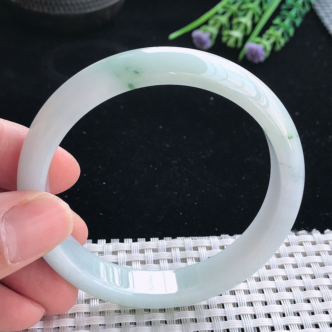 实拍天然翡翠58.5/12.3/7.5老坑精美温润飘花手镯翡翠玉镯手环