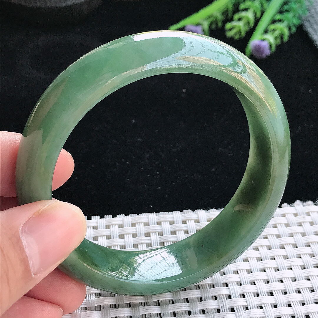 实拍天然翡翠57.5/16/8.8老坑温润满色油绿手镯翡翠玉镯手环