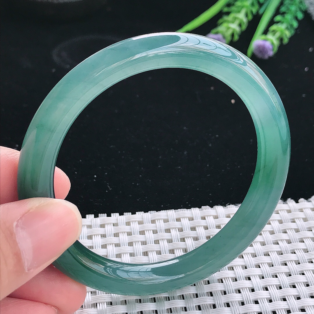 实拍天然翡翠57.5/9/9.2老坑冰胶果冻冰蓝蓝韵圆条手镯翡翠玉镯手环