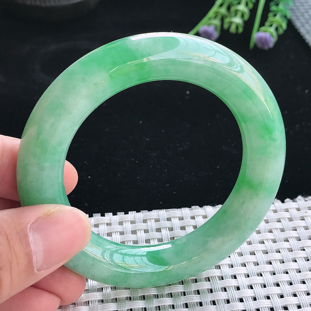 实拍天然翡翠52/12.2/12.3老坑温润满绿胖圆条手镯翡翠玉镯手环