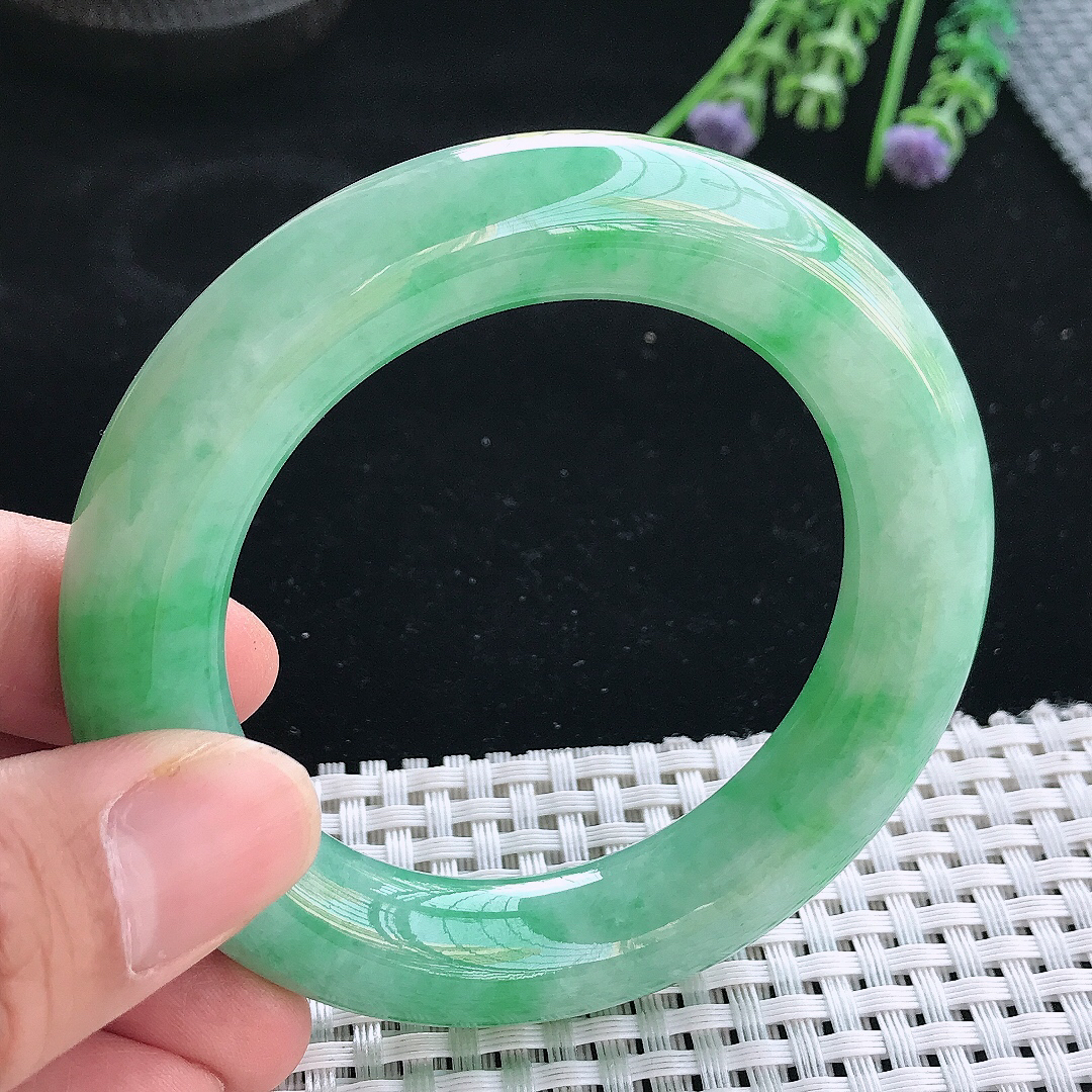 实拍天然翡翠52/12.2/12.3老坑温润满绿胖圆条手镯翡翠玉镯手环