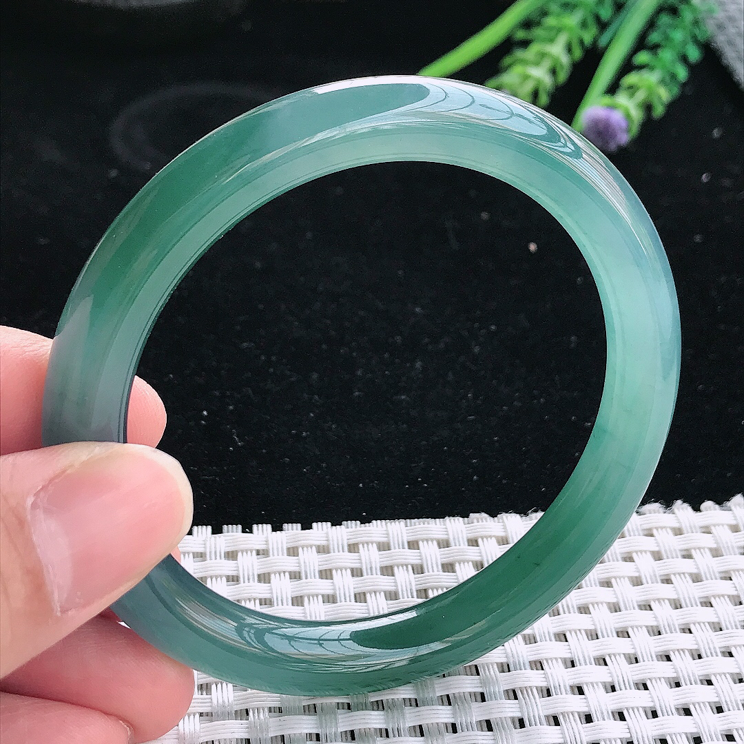 实拍天然翡翠57.5/9/9.2老坑冰胶果冻冰蓝蓝韵圆条手镯翡翠玉镯手环