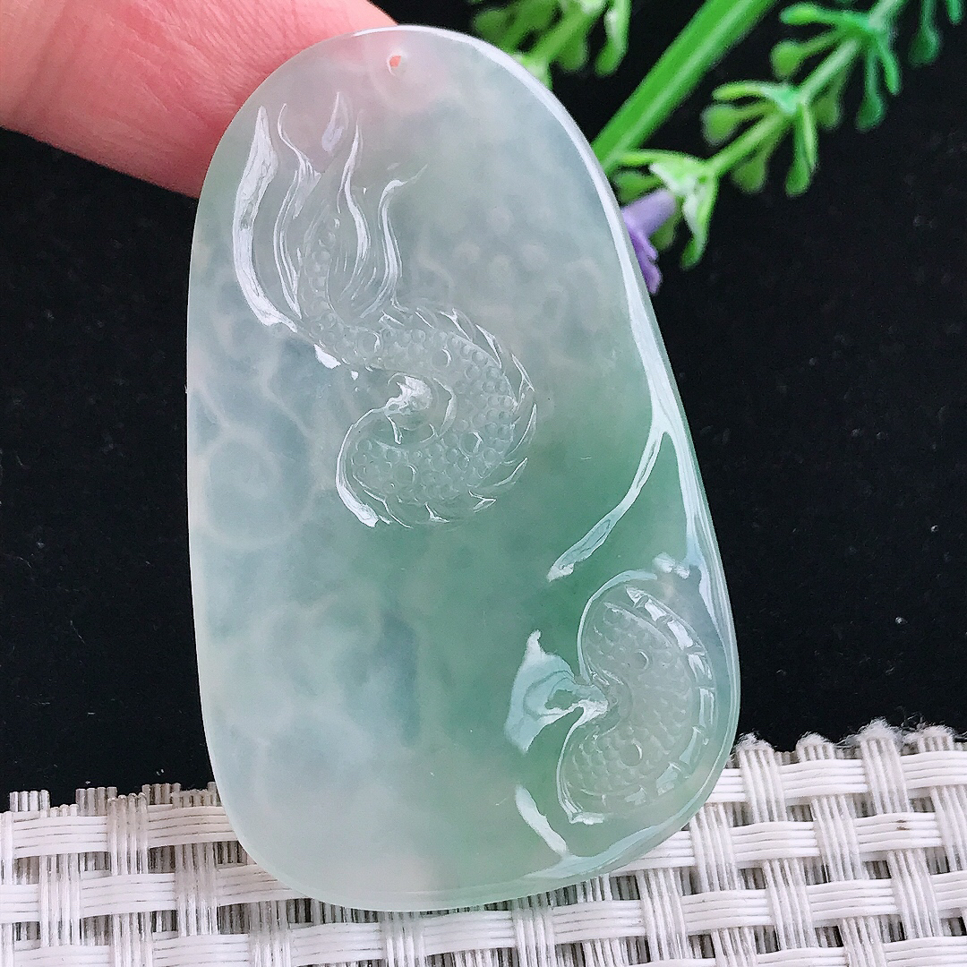 实拍A货翡翠54.6/34/4.8老坑冰胶果冻冰晴龙牌吊坠翡翠挂件