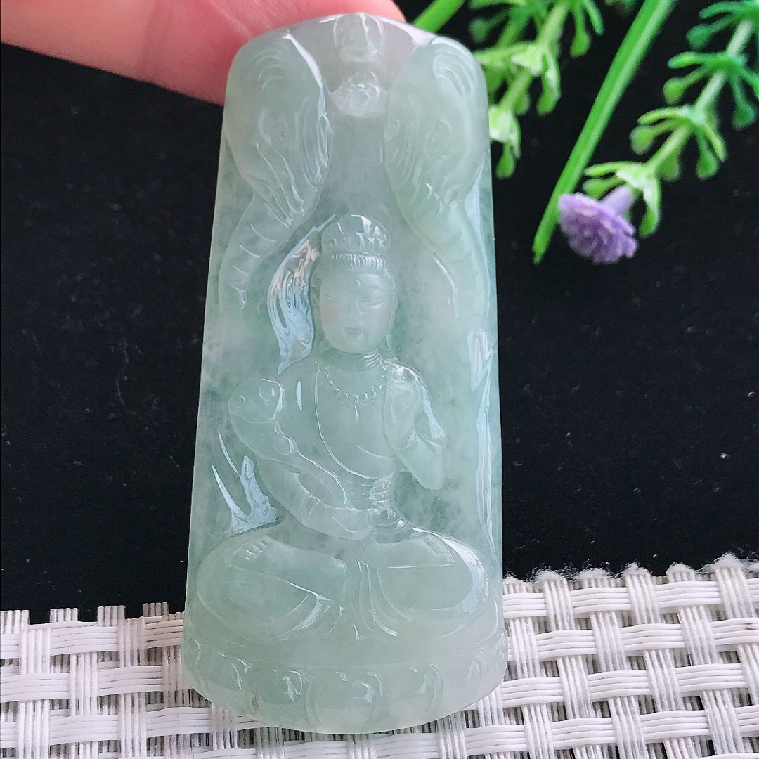 实拍A货翡翠65/29.6/5老坑冰胶冰晴普贤菩萨吊坠翡翠挂件