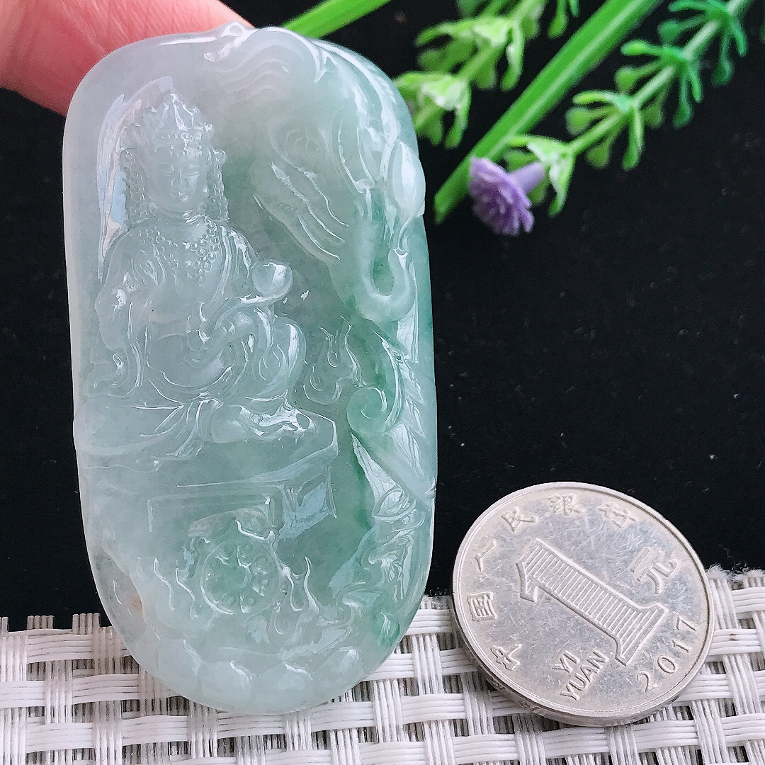 实拍A货翡翠61.8/33/6.5老坑冰胶水灵飘花普贤菩萨吊坠翡翠挂件
