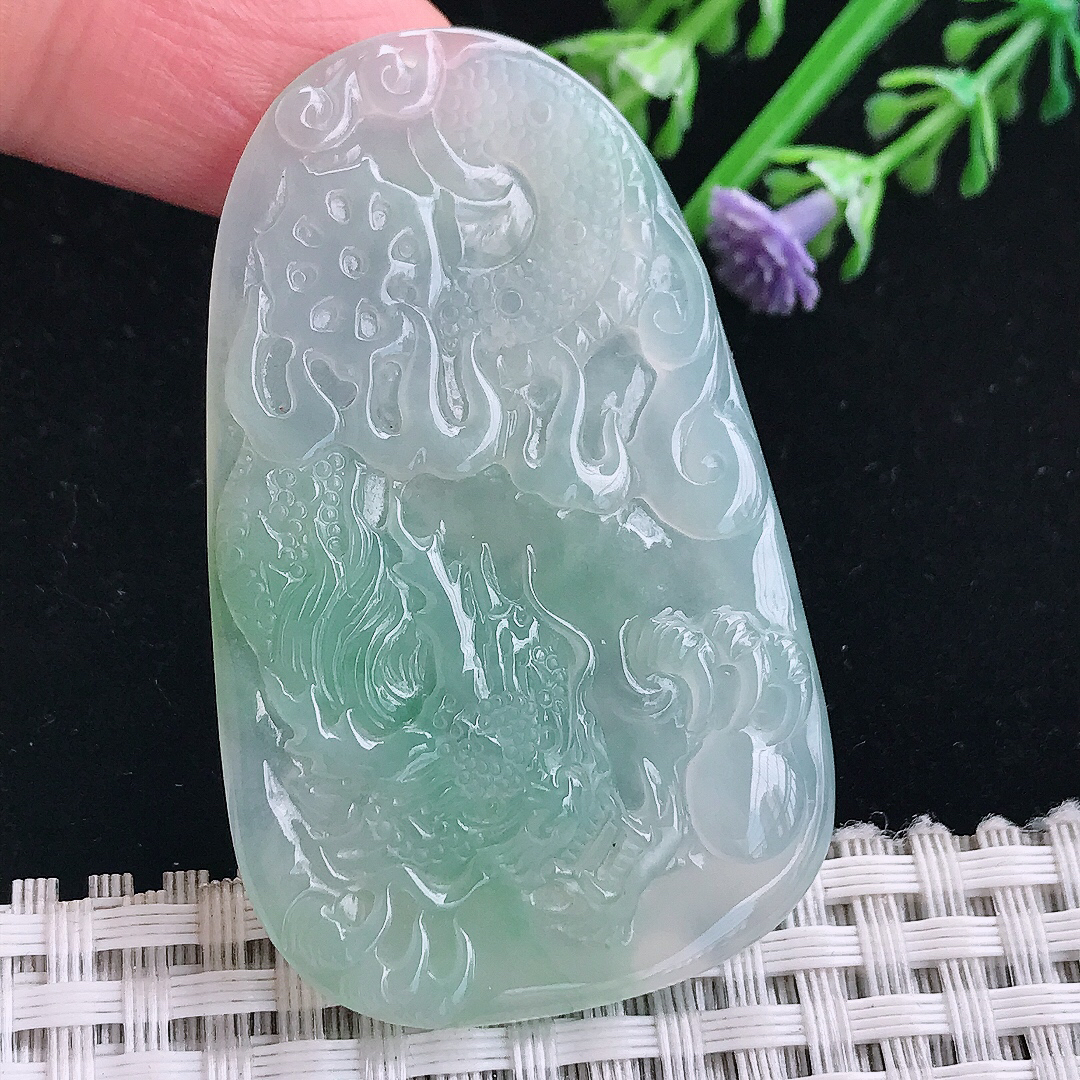 实拍A货翡翠54.6/34/4.8老坑冰胶果冻冰晴龙牌吊坠翡翠挂件