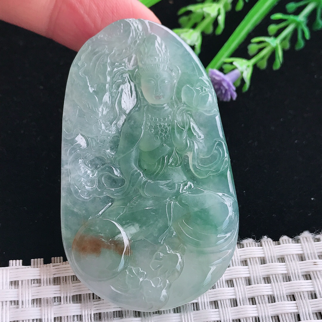 实拍A货翡翠60/37.8/6老坑冰透果冻胶冰晴普贤菩萨吊坠翡翠挂件