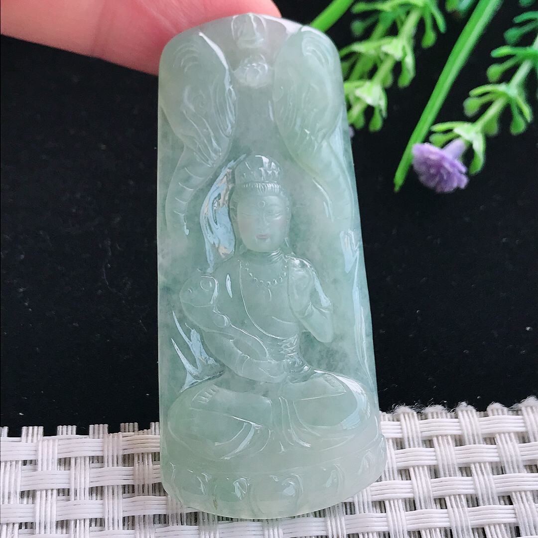 实拍A货翡翠65/29.6/5老坑冰胶冰晴普贤菩萨吊坠翡翠挂件