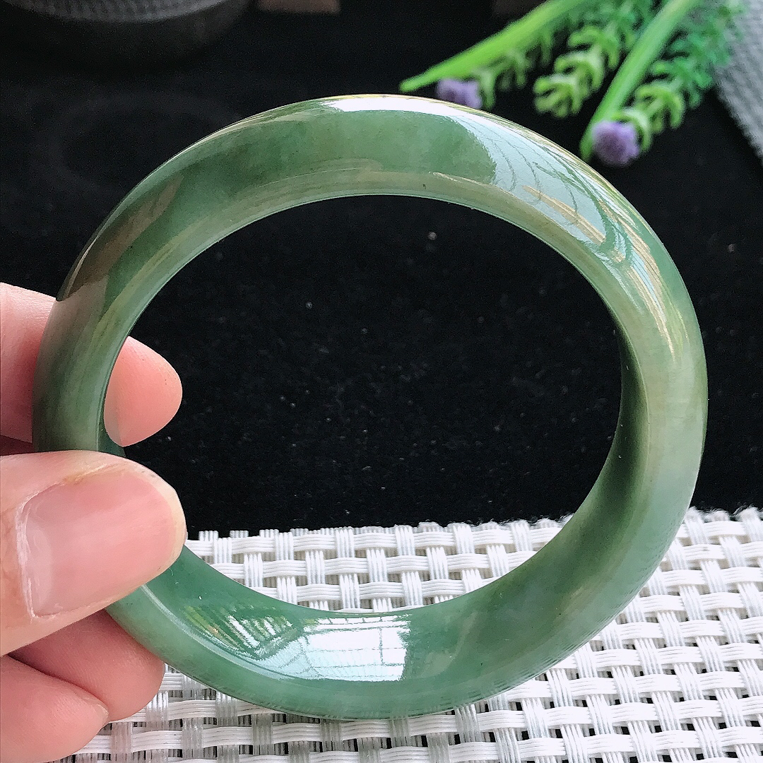 实拍天然翡翠57.5/16/8.8老坑温润满色油绿手镯翡翠玉镯手环