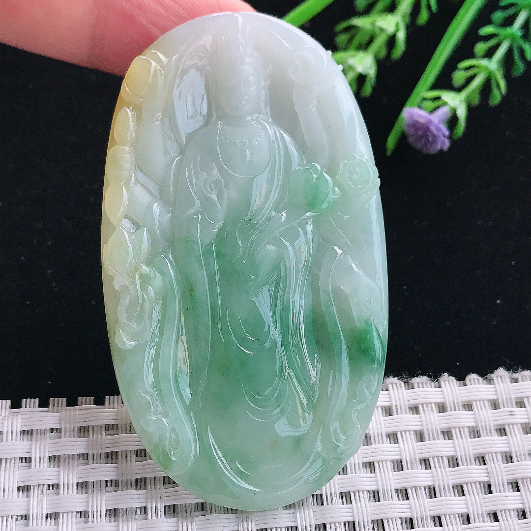 实拍A货翡翠70/40.5/5.8老坑冰润起胶飘绿千手观音吊坠翡翠挂件
