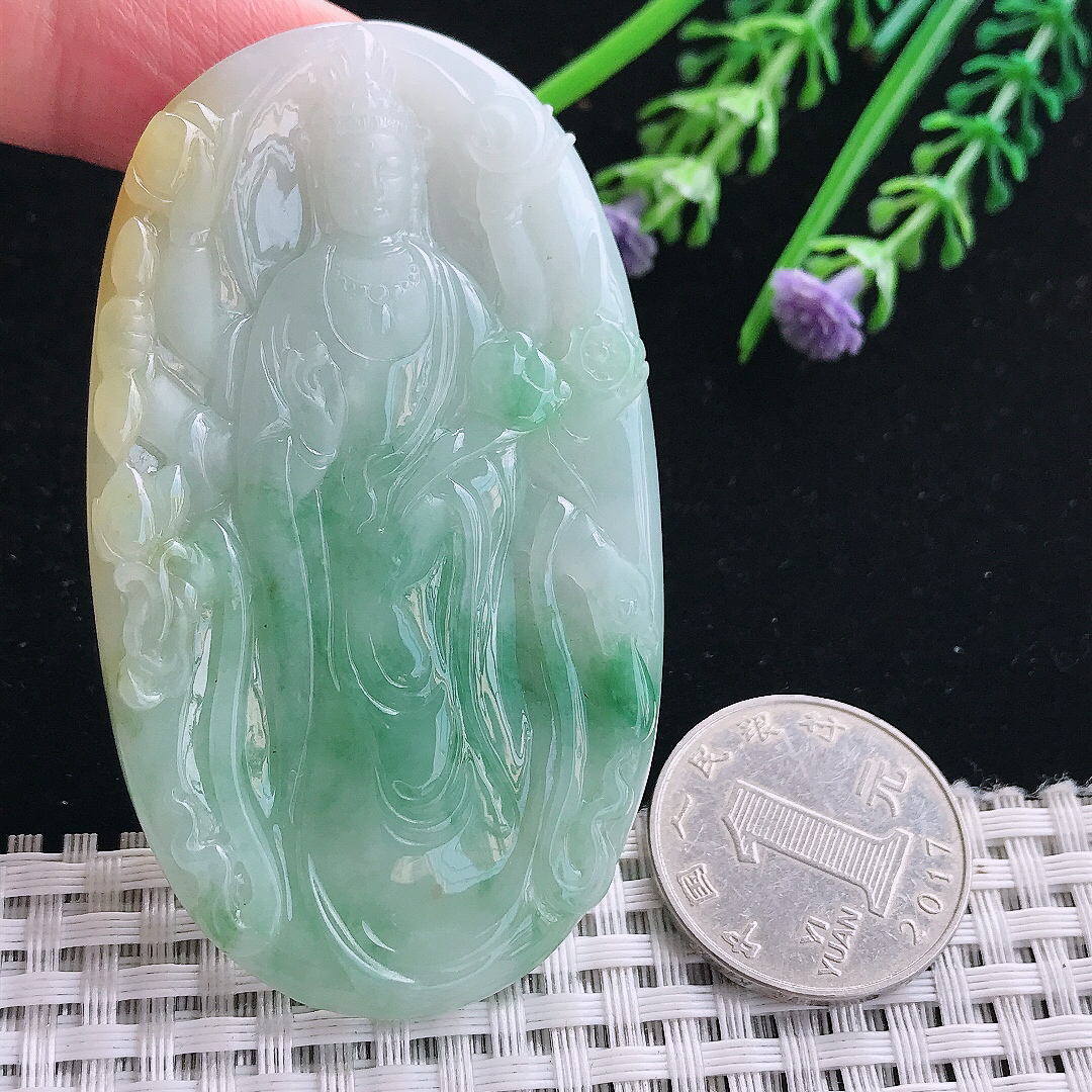 实拍A货翡翠70/40.5/5.8老坑冰润起胶飘绿千手观音吊坠翡翠挂件