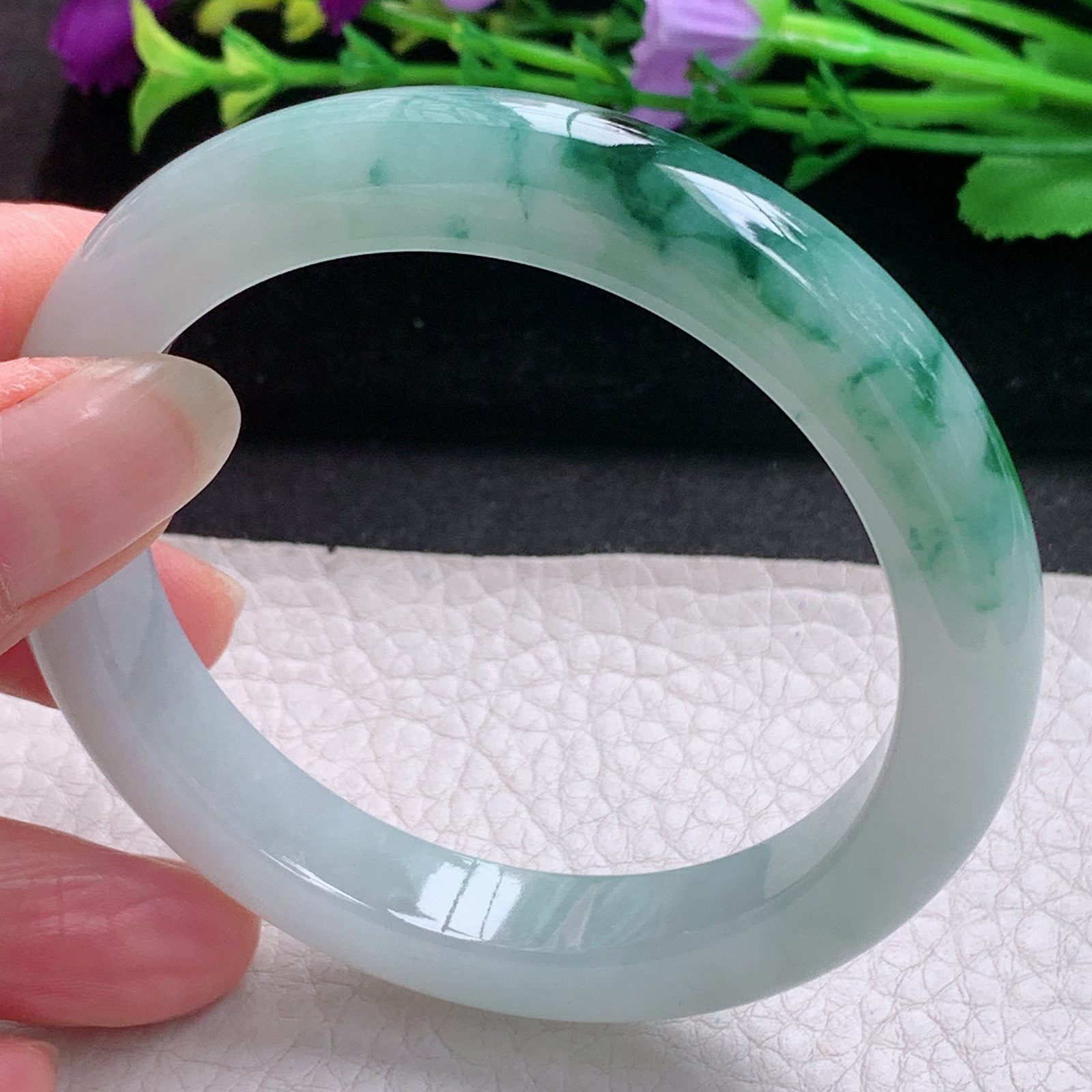 r飘逸款55.5*10.6*8.6平安镯 缅甸翡翠A货玉手镯精美冰飘花宽边玉手镯