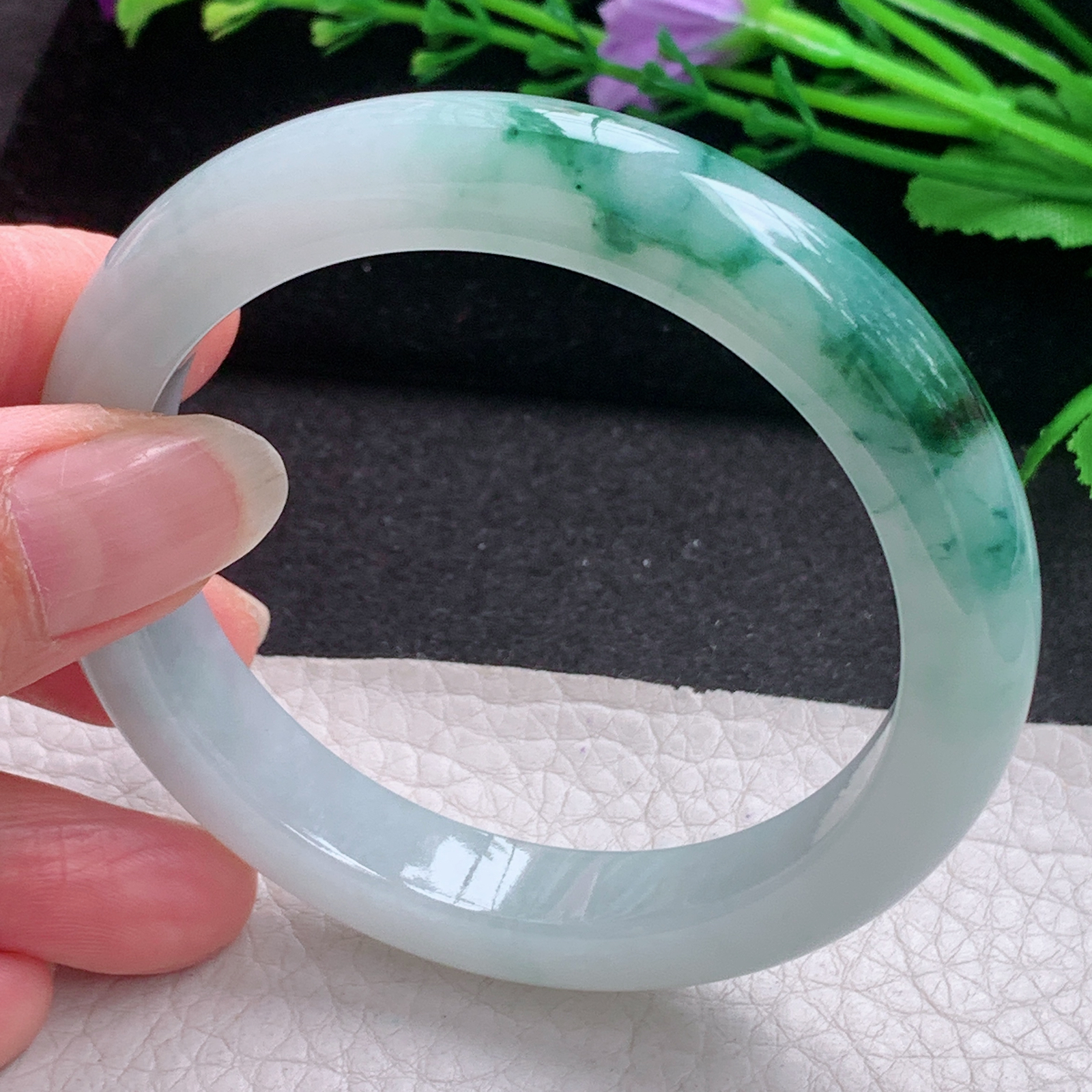 r飘逸款55.5*10.6*8.6平安镯 缅甸翡翠A货玉手镯精美冰飘花宽边玉手镯