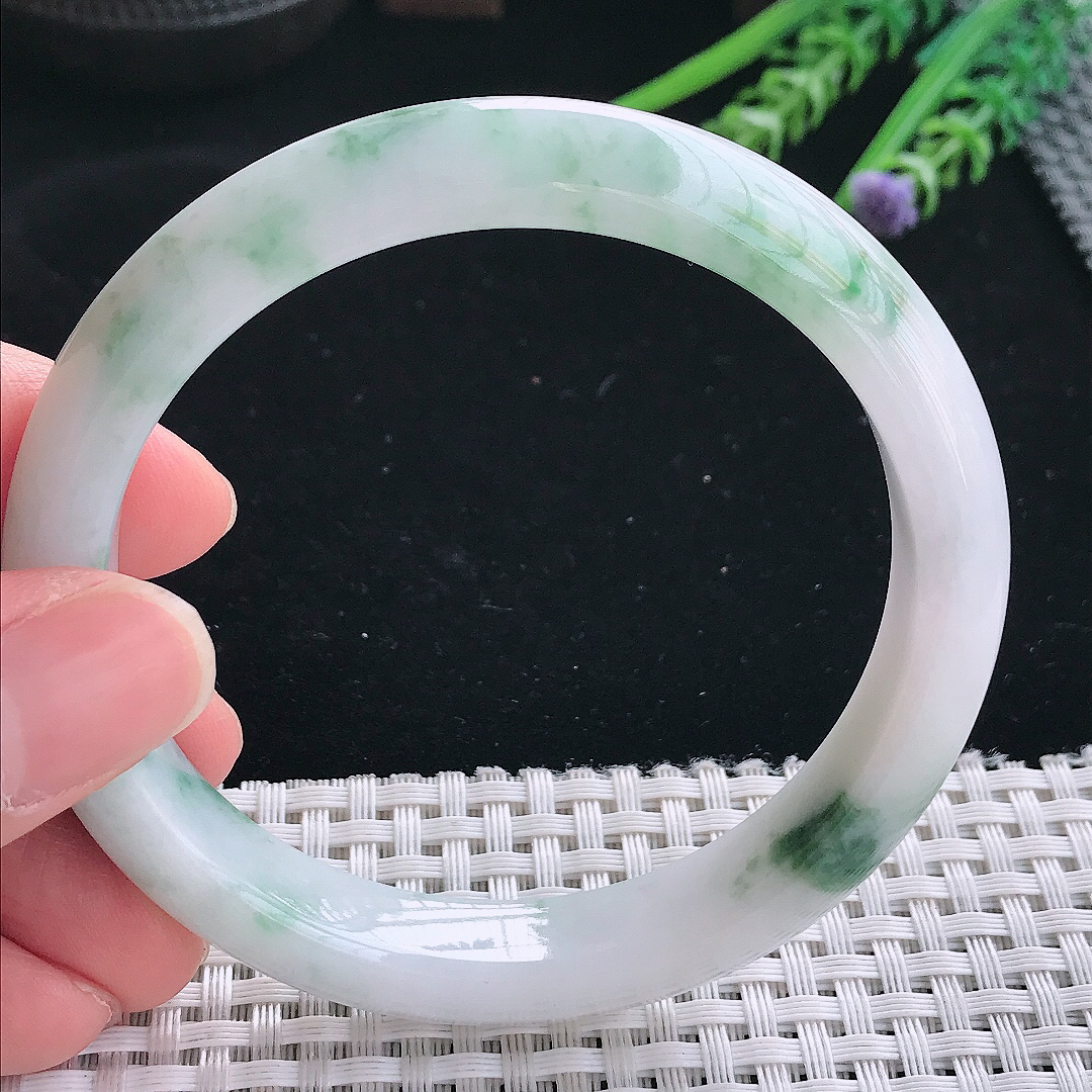 实拍天然翡翠60.5/11.3/8.3大圈口老坑温润飘花手镯翡翠玉镯手环