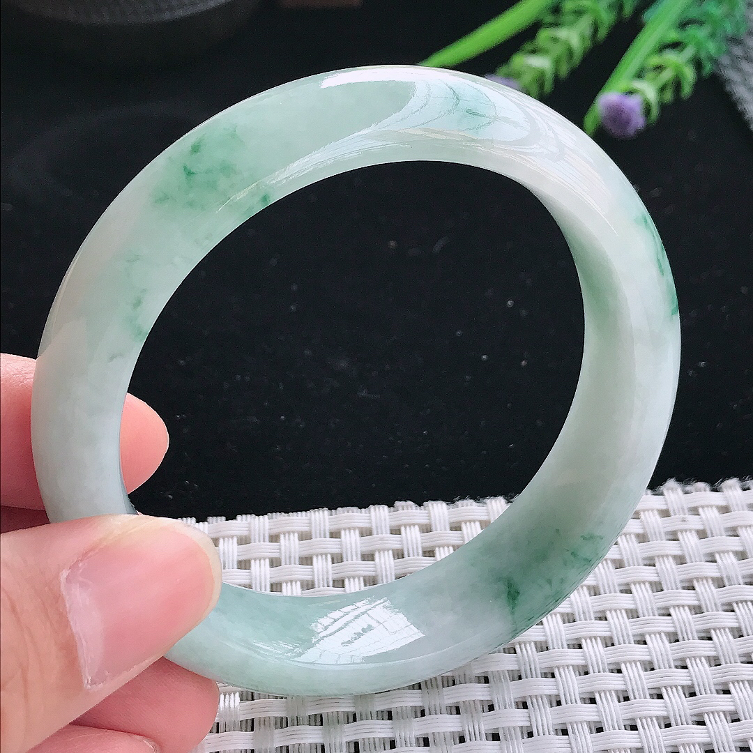 实拍天然翡翠58.5/15.9/8.8老坑精美温润飘花轮胎手镯翡翠玉镯手环