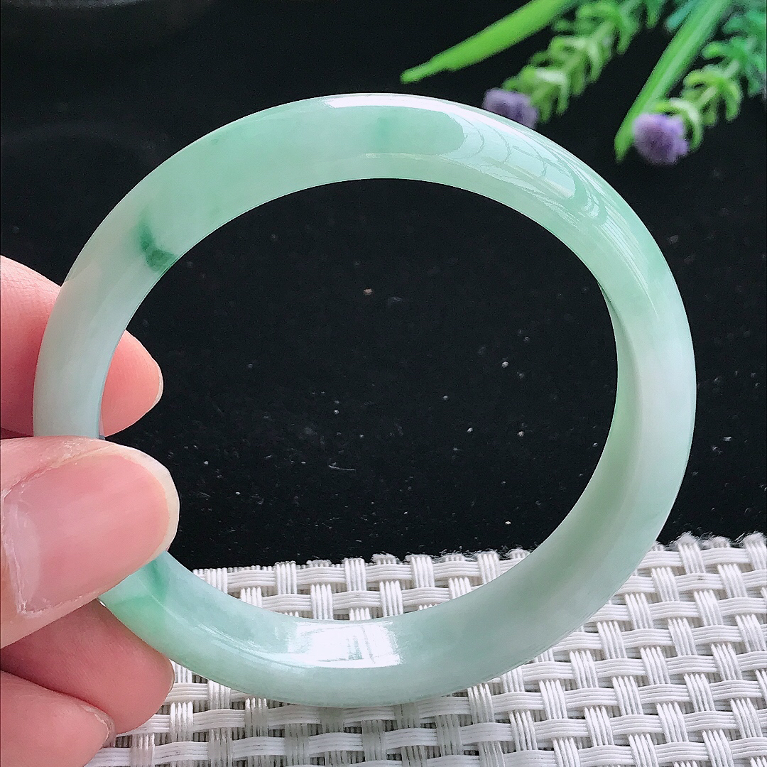 实拍天然翡翠55/12.2/7老坑精美温润飘花手镯翡翠玉镯手环