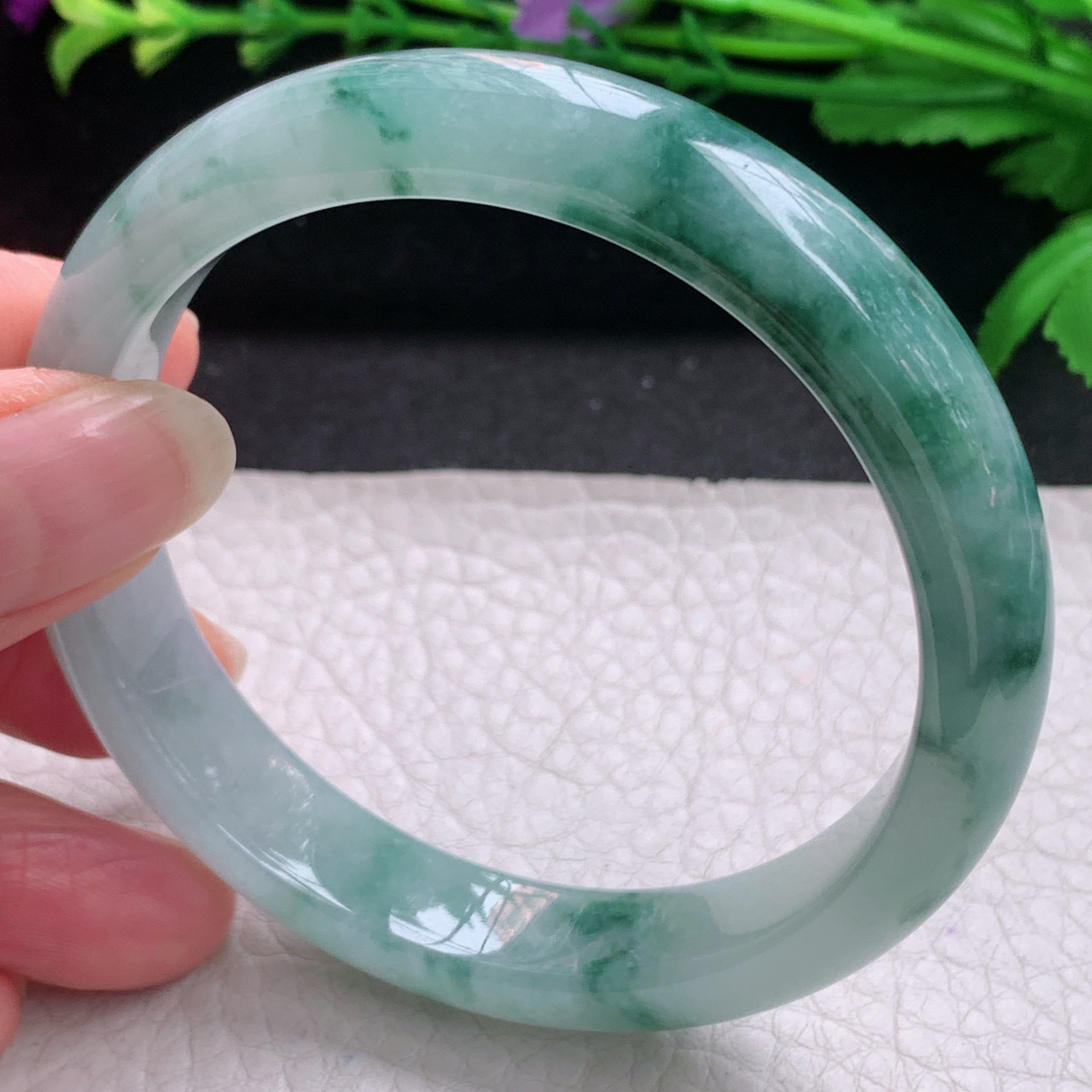 js飘花款58*12.8*7.7平安镯 缅甸翡翠A货玉手镯精美冰飘花宽边玉手环