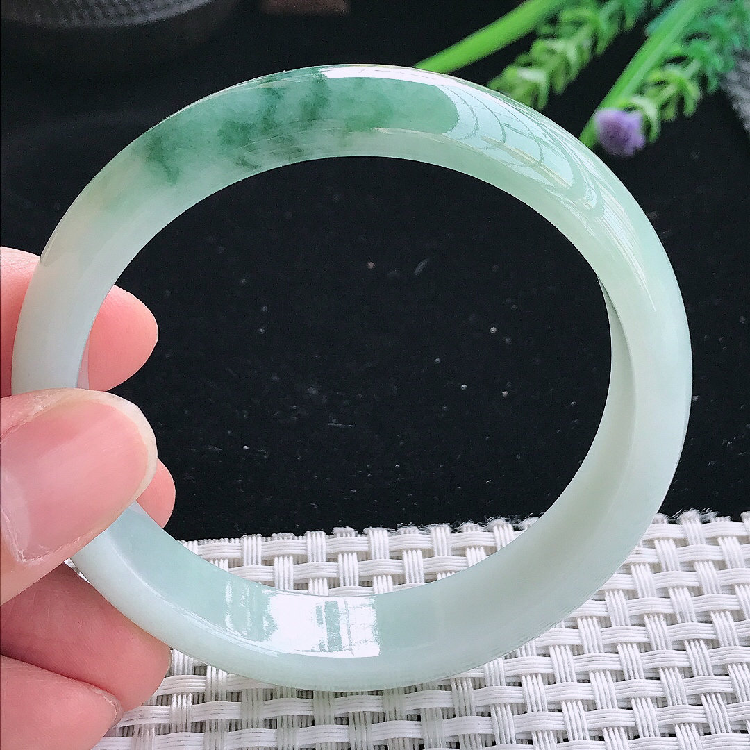 实拍天然翡翠59/13.8/7.6老坑精美冰润飘花手镯翡翠玉镯手环