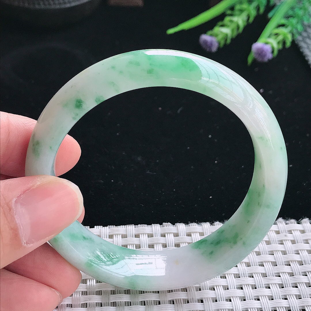 实拍天然翡翠54.5/15.4/8.1轮胎镯老坑精美温润飘花手镯翡翠玉镯手环