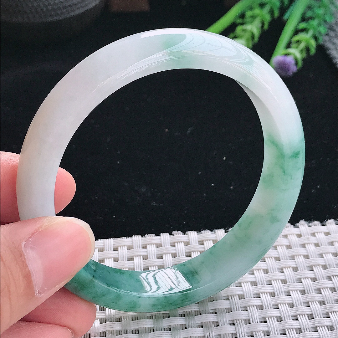 实拍天然翡翠58/13/8老坑冰润起胶飘花手镯翡翠玉镯手环