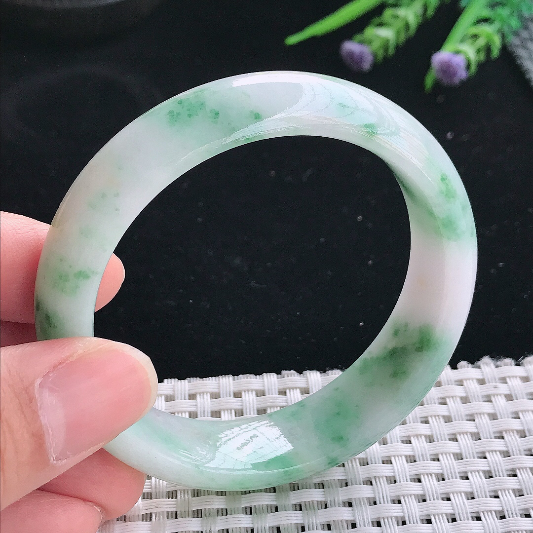 实拍天然翡翠54.5/15.4/8.1轮胎镯老坑精美温润飘花手镯翡翠玉镯手环