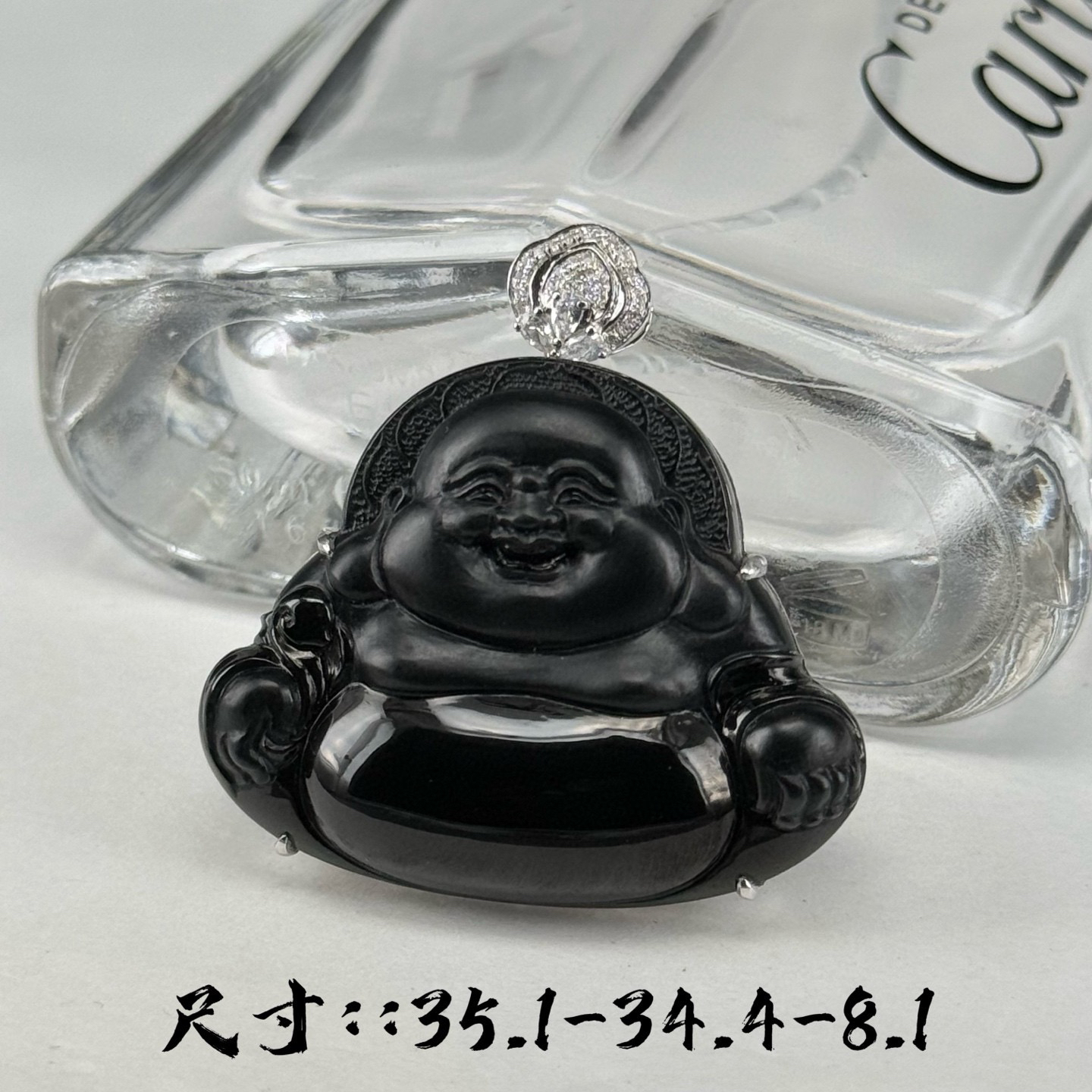 精品18k墨翠大肚佛 种好色正 黑度极好 打灯通透 油性十足  尺寸35.1